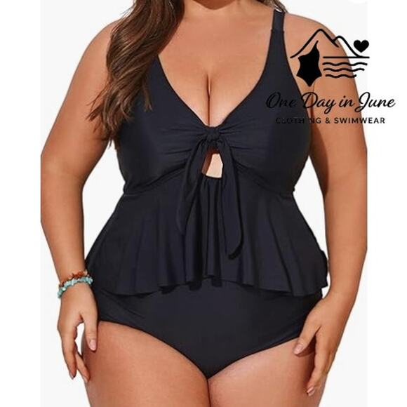 Hanna Nikole Plus Size Knot Front Keyhole Flounce Bikini Swimsuit Size 18W - Picture 1 of 7